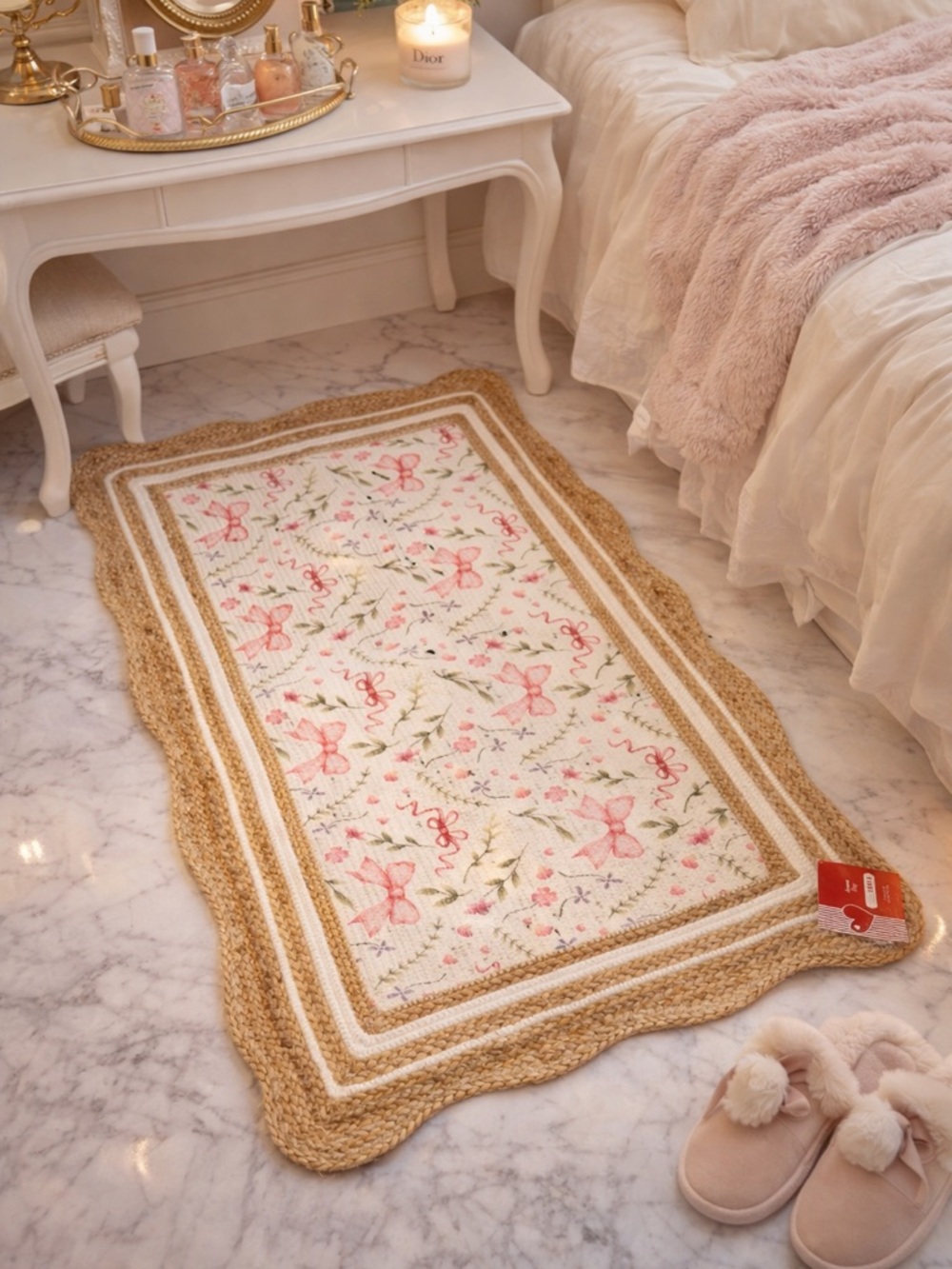 Cottagecore Bow Floral Accent Rug 27x45 | Jute Trim Handmade India - Picture 2 of 7